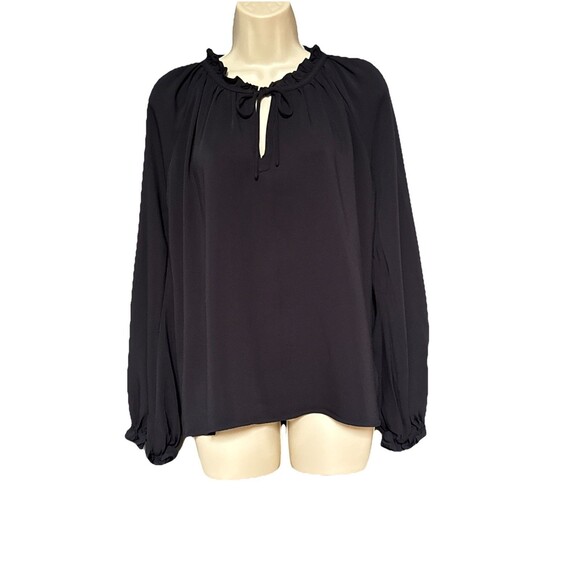 Ann Mashburn Blouse Size M Black Tie Neck Ruffles Silk Long Sleeve Stretchy - Picture 1 of 10